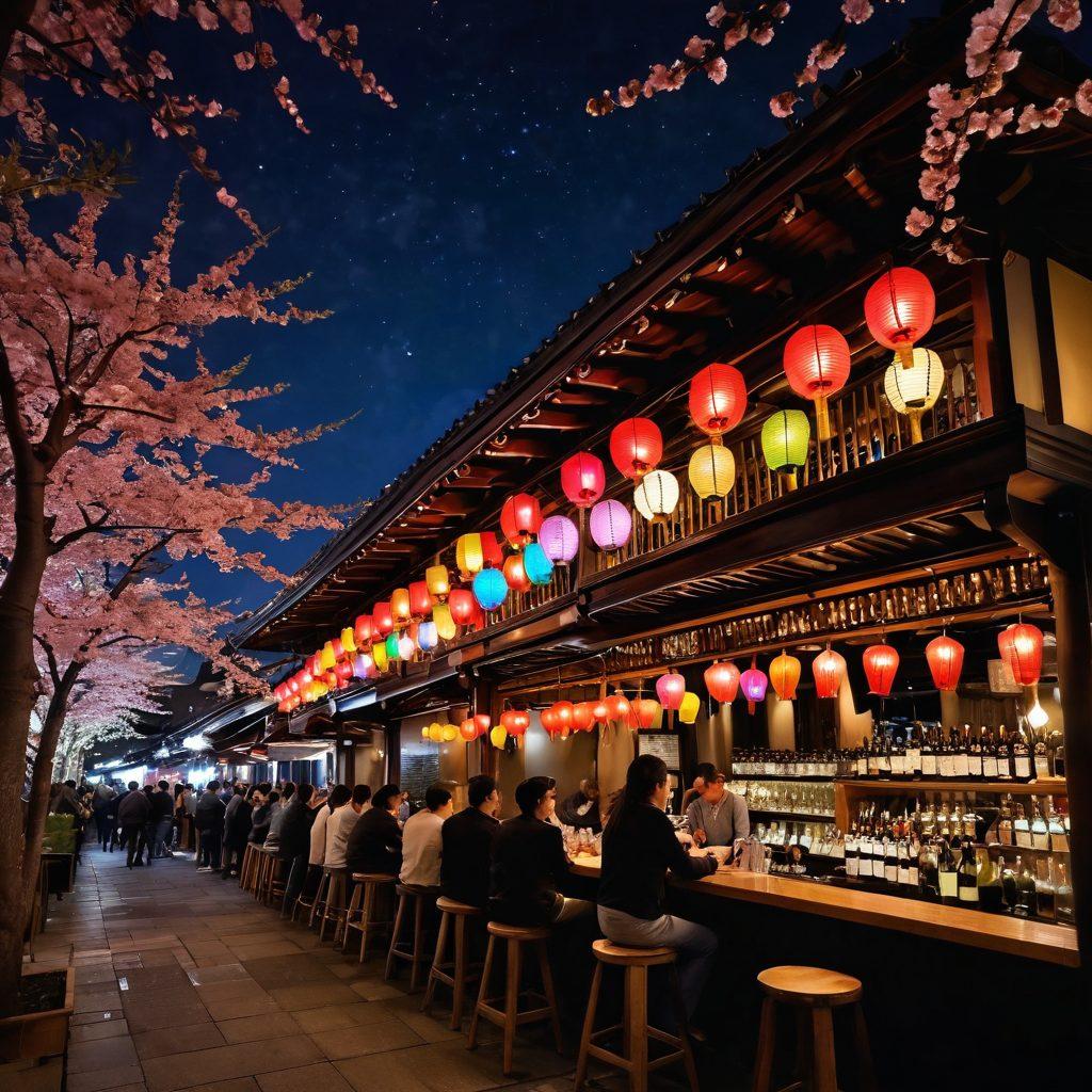 An enchanting scene of a lively outdoor wine bar in Asakusa at night, with colorful lanterns illuminating the surroundings. A diverse group of people savoring exquisite wines paired with local delicacies, surrounded by cherry blossom trees and traditional Japanese architecture. The night sky glittering with stars adds to the vibrant atmosphere. The image captures the essence of Asakusa's nightlife with rich textures and vivid colors. super-realistic. vibrant colors. nighttime ambiance.