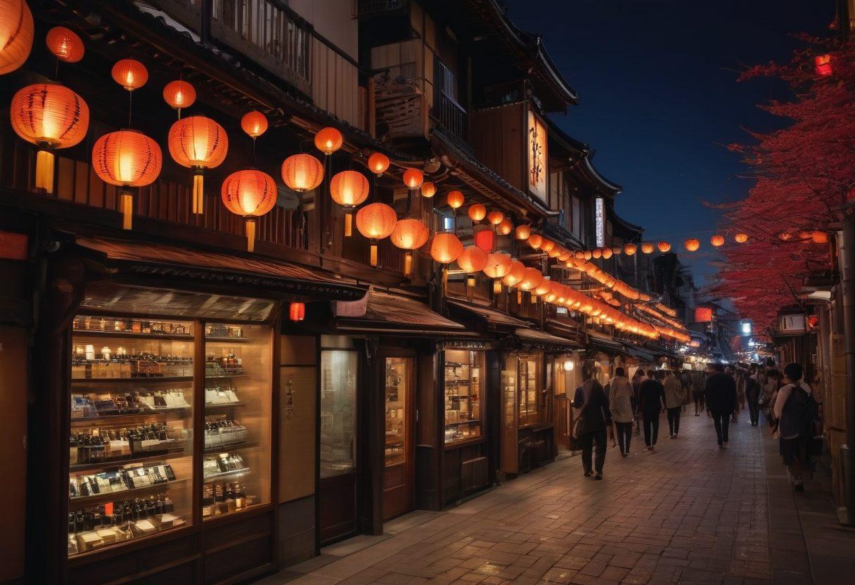 A picturesque scene of Asakusa's lively streets at night, adorned with traditional lanterns and modern wine bars. Showcase elegantly arranged wine bottles with vintage labels, alongside fine dining options. Capture people enjoying wine, adding a palpable sense of community and culture. Infuse rich, warm colors to evoke a cozy atmosphere. super-realistic. vibrant colors. night scene.