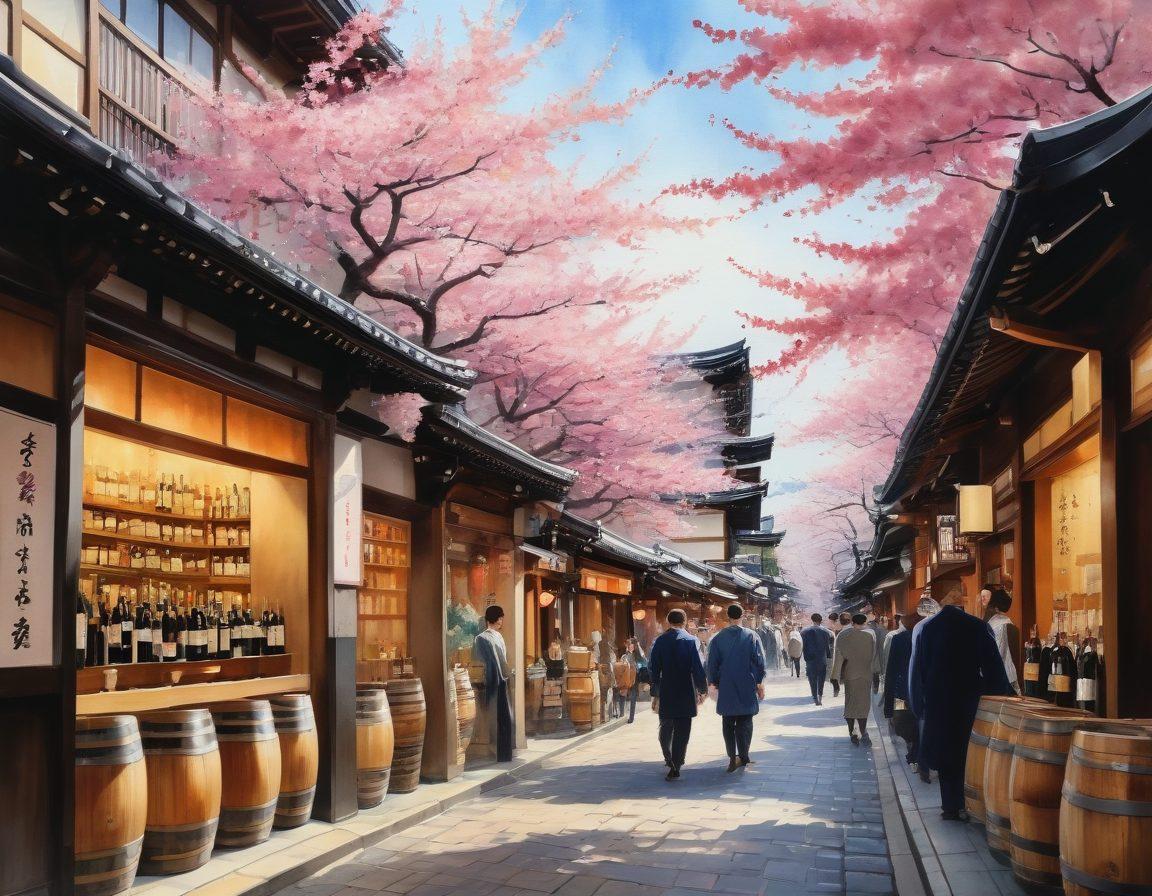 A lively scene showcasing a traditional Asakusa street filled with wine shops and sake breweries, featuring vibrant displays of premium wine bottles and sake barrels. Include a sommelier interacting with curious tourists, with cherry blossom trees in full bloom in the background. The atmosphere should be warm and inviting, capturing the blend of old traditions and modern wine culture. watercolor painting. vibrant colors.